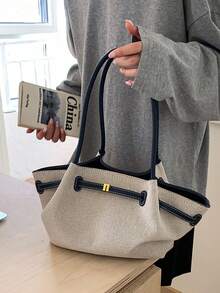 Bolso de axila con patchwork de bloques de color, bolso de hombro con fondo estructurado, no colapsable, forma 3D, gran capacidad, almacenamiento conveniente para artículos esenciales diarios, adecuado para uso diario, trabajo, transporte, viajes y salidas - Azul - Ver 7