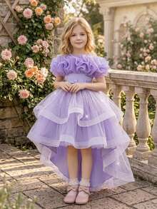 Young Girls Sequin Pleated Tulle Elegant Hostess Evening Gown With Train, Suitable For Party, Headband Not Included - Purple - View 2