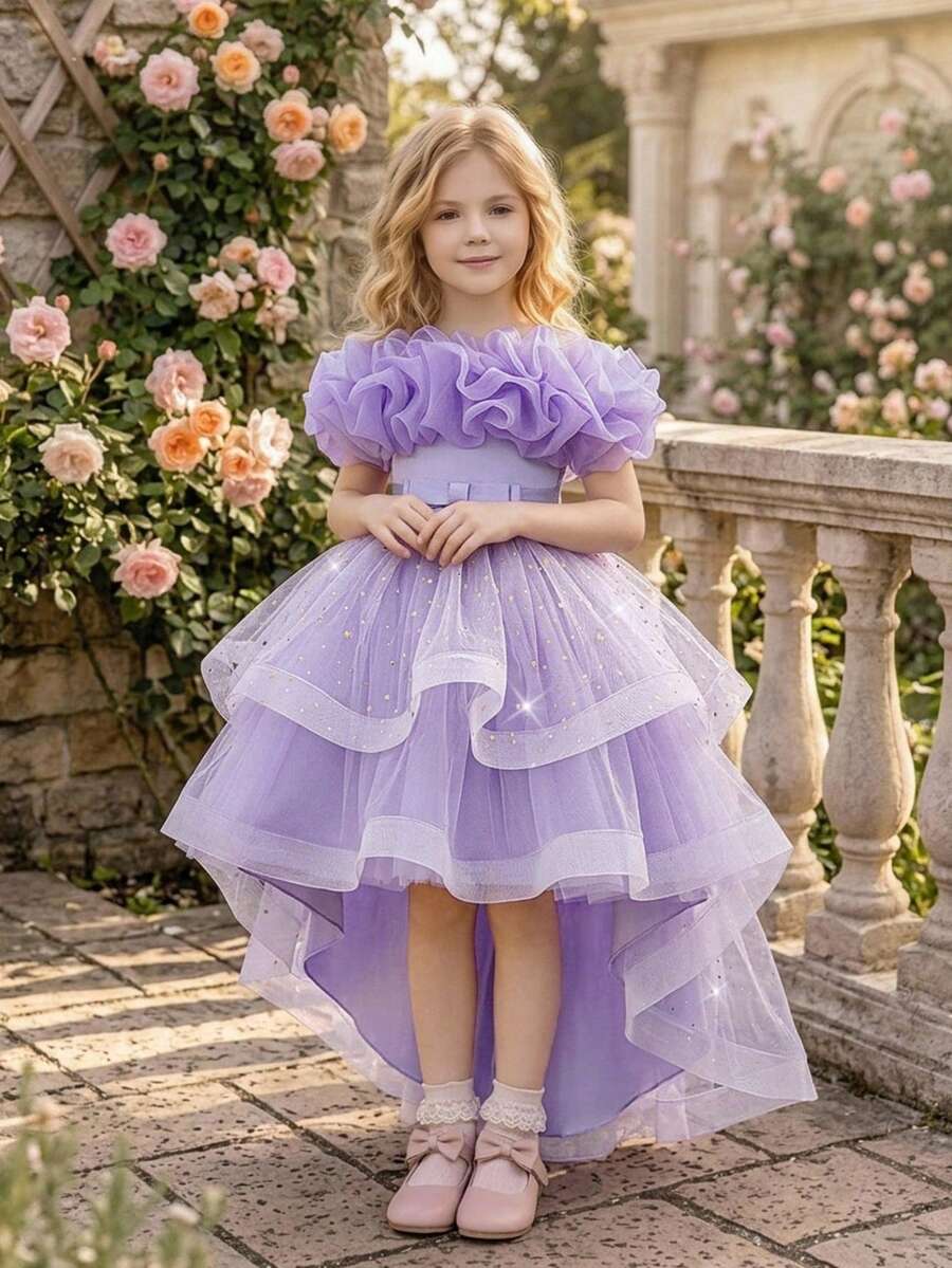 Young Girls Sequin Pleated Tulle Elegant Hostess Evening Gown With Train, Suitable For Party, Headband Not Included