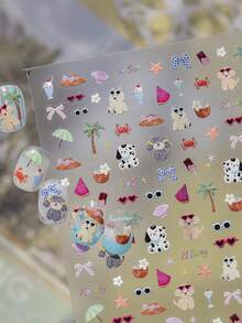 1sheet Beach Series 5D Nail Art Stickers Cute Cartoon Puppy Starfish Coconut Tree Shell Bows Fruits Pattern Nail Decorations Accessories Self Adhesive Embossed Nail Stickers DIY - Multicolor - View 2