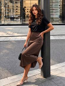 ELVA 女款秋季優雅高腰緞面魚尾裙襬半身裙，適合通勤、外出、畢業典禮、派對、辦公室 - 棕色 - 查看 1