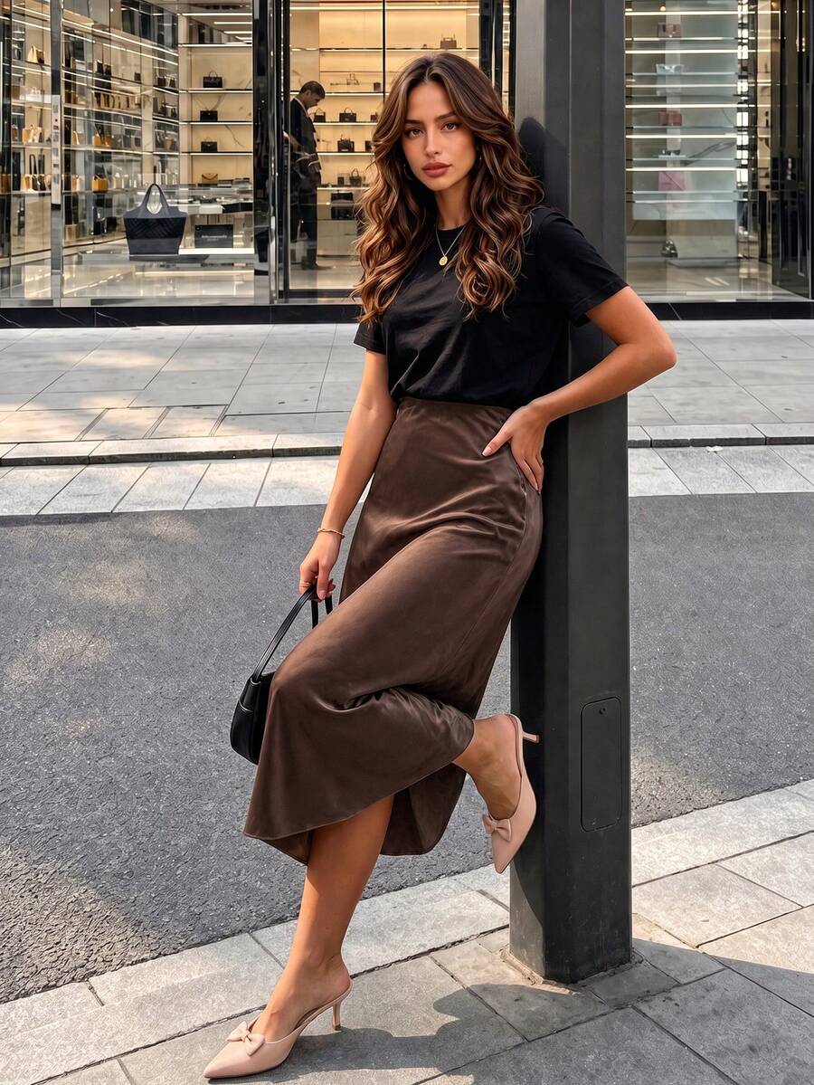 ELVA 女款秋季優雅高腰緞面魚尾裙襬半身裙,適合通勤、外出、畢業典禮、派對、辦公室 - 棕色 - 查看 1
