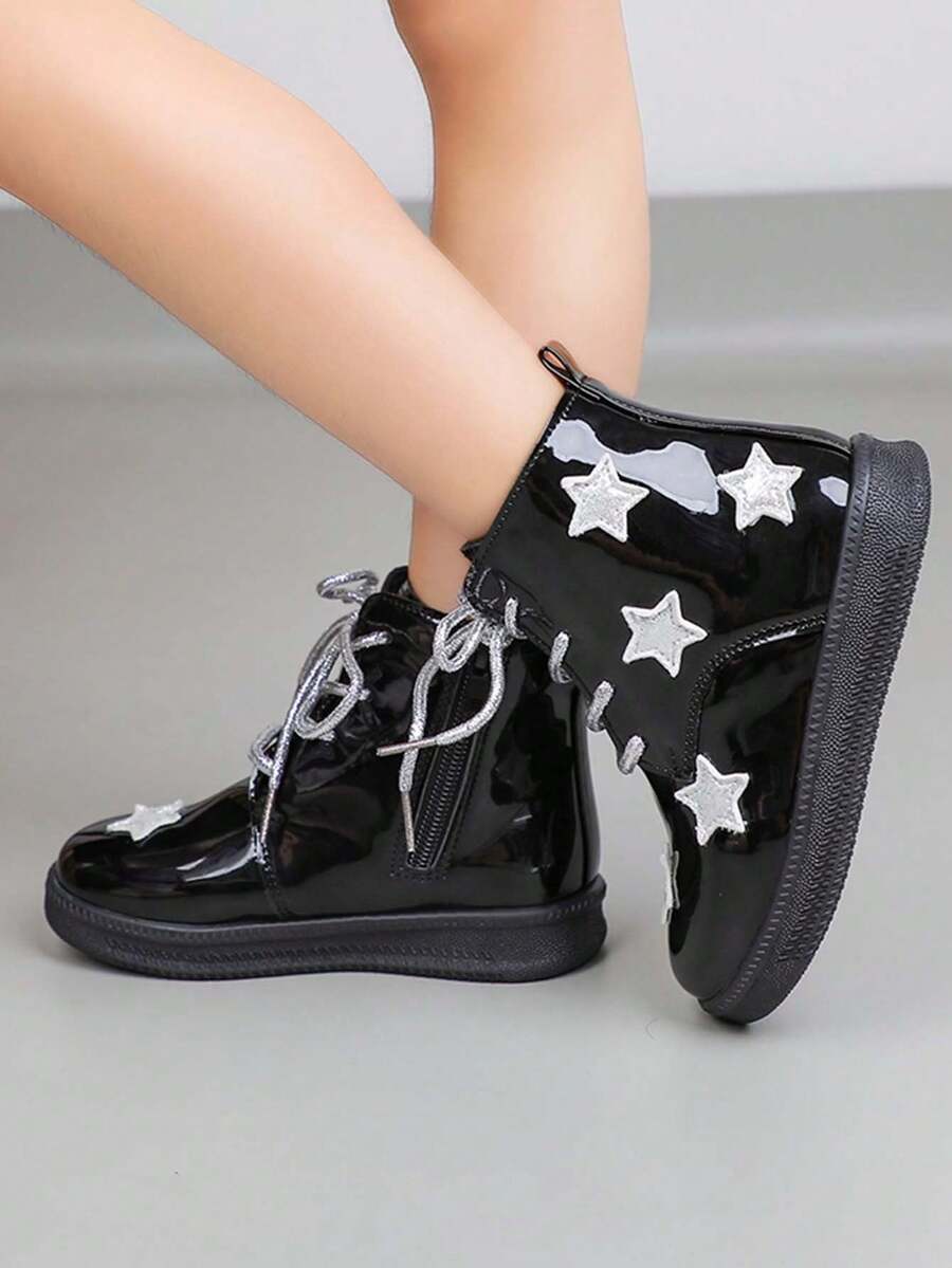 Children's Black Star Decor Boots, Fashion Lace-Up Short Boots, Non-Slip Wear-Resistant Small Boots - Black - View 1