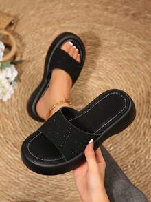 Women ‑Embossed Platform Slide Sandals, Open‑Toe Slip‑On Thick Sole Summer Slippers - Black - View 1