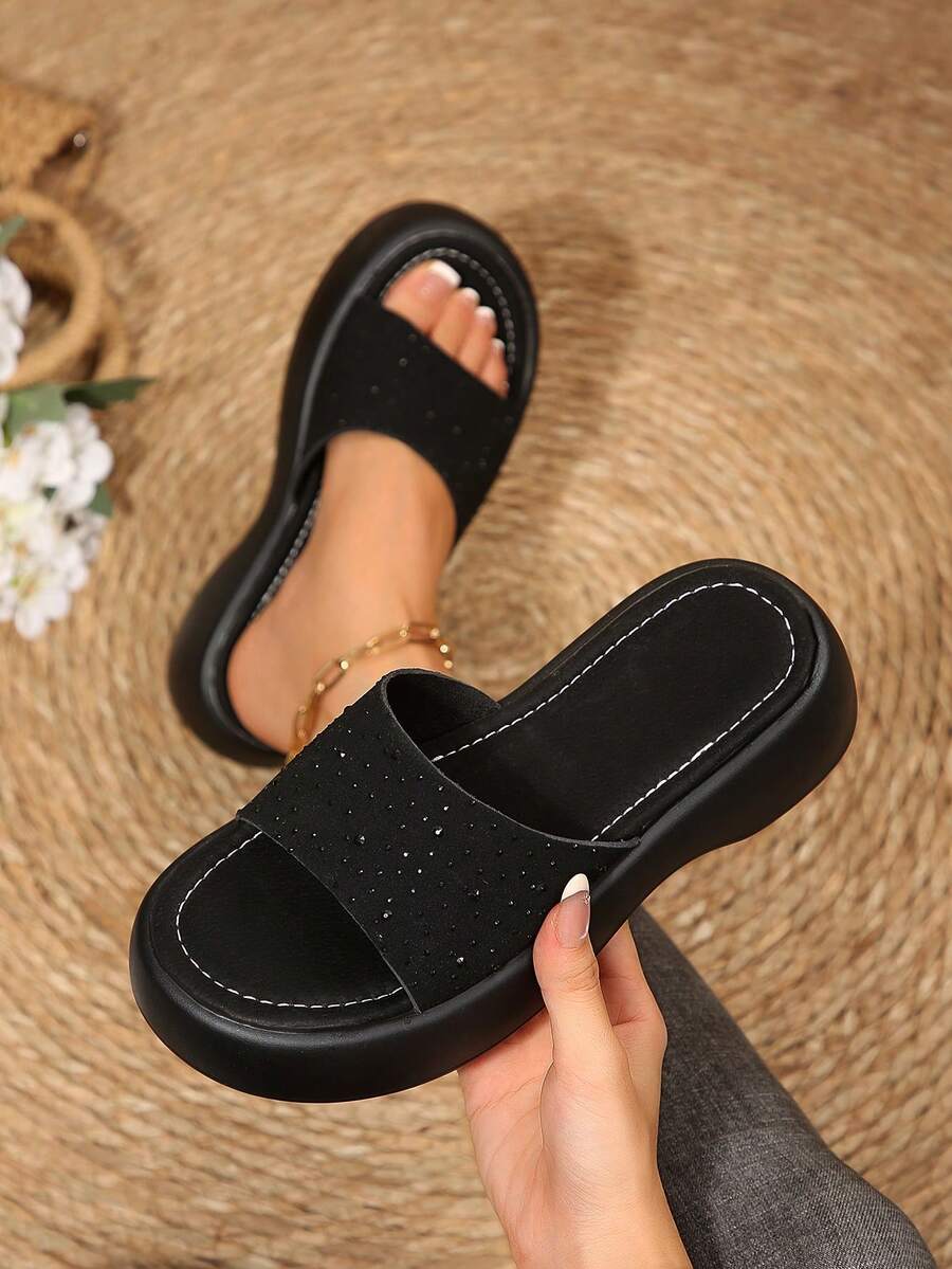 Women ‑Embossed Platform Slide Sandals, Open‑Toe Slip‑On Thick Sole Summer Slippers - Black - View 1