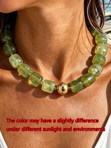 2/1pc Casual Bohemian Style Chunky Acrylic Beaded Necklace Set, Geometric Pattern Round Necklace For Women, Suitable For Daily Wear, Dating, Party, Summer Beach Vacation, Perfect Birthday Gift For Best Friend (Bead Quantity Random + Slight Color Difference) - Green + Brown - View 3