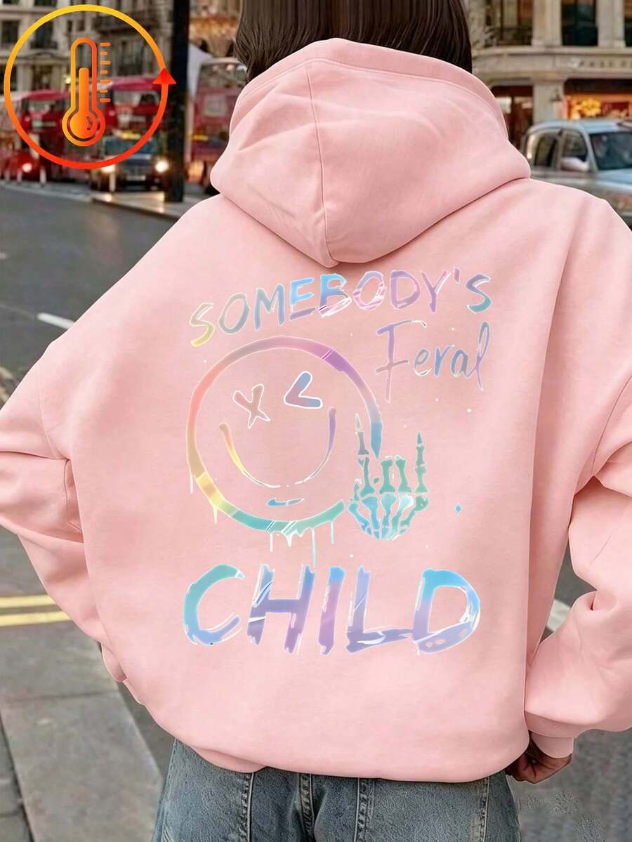 青少年女孩趣味印花衛衣,保暖舒適內層加絨套頭衛衣,適合秋冬穿著 - 粉色 - 查看 1