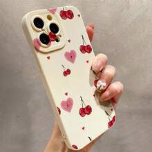 Cherry Heart Pattern Printed TPU Matte Anti-Drop Phone Case Compatible With Apple  Models 16/11/12/13/14/15 Pro/15 Plus/15 Pro Max/7 Plus/8 Plus/X/Xs Max/Xr/11 Pro/12 Pro/13 Pro/14 Pro/12 Mini/13 Mini/11 Pro Max/12 Pro Max/13 Pro Max/14 Pro Max/14 Plus/6/6 Plus/7/8/16 Pro/16 Plus/16 Pro Max. - 古董白 - 查看 2
