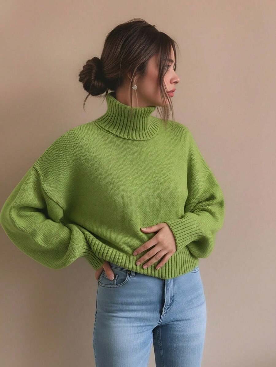Women's Green Turtleneck Pullover Sweater, Long Sleeve Knitted Ribbed Top, Soft And Stretchy, Suitable For Autumn/Winter - Green - View 1