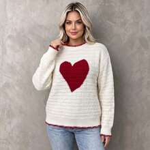 Plus Size Women's Cute Cable Knit Heart Sweater, Drop Shoulder Long Sleeve Crew Neck Knit Top, Soft Slim Fit Pullover - White - View 1