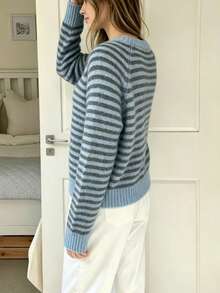 Women's Striped Casual Daily Wear Long Sleeve Sweater - Navy Blue - View 3