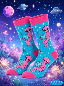 1 par de calcetines de media caña para hombre con divertido patrón de alienígenas, diseño de dibujos animados de planeta espacial, calcetines de otoño/invierno, regalo de Halloween/Navidad para hombres - Multicolor - Ver 9