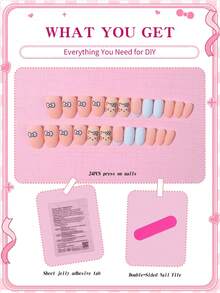 Sanrio Hello Kitty 24pcs Y2K Short Oval 3d Matte Blue French Press On Nails With Hello Kitty, Heart And Bow Pattern Design,Perfect Fit Acrylic False Nails Set, Including 1 Jelly Gule And 1 Nail File, Hello Kitty Nails For Girls Daily Party Use - Multicolor - View 3