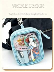 1pc PVC Transparent Mini Storage Pouch With Carabiner Hook, Backpack Hanging Small Zipper Organizer For Earphones Charging Cables Stationery Hair Clips Pins, Waterproof Dustproof Travel Tiny Accessory Case, Free Random Cute Cartoon Stickers Gift - Rectangle - View 2