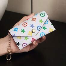 1pc Watercolor Floral Print With Metal Chain Decoration PU Leather Multi-Slot Card Holder Snap Closure Fresh Artistic Style Card Wallet - Multicolor - View 11