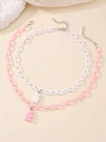 2pcs/Set Girls Bear Pendant Necklace, Pink & White Chain Collarbone Necklace, Niche Personalized Accessory Suitable For Daily Decoration - Multicolor - View 10