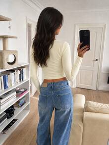 Small Size Yellow Long Sleeve Slim Fit Cropped Top, Round Neck Casual Outerwear Y2K Silky Basic Style, Spring/Autumn Inner Layer - Yellow - View 2
