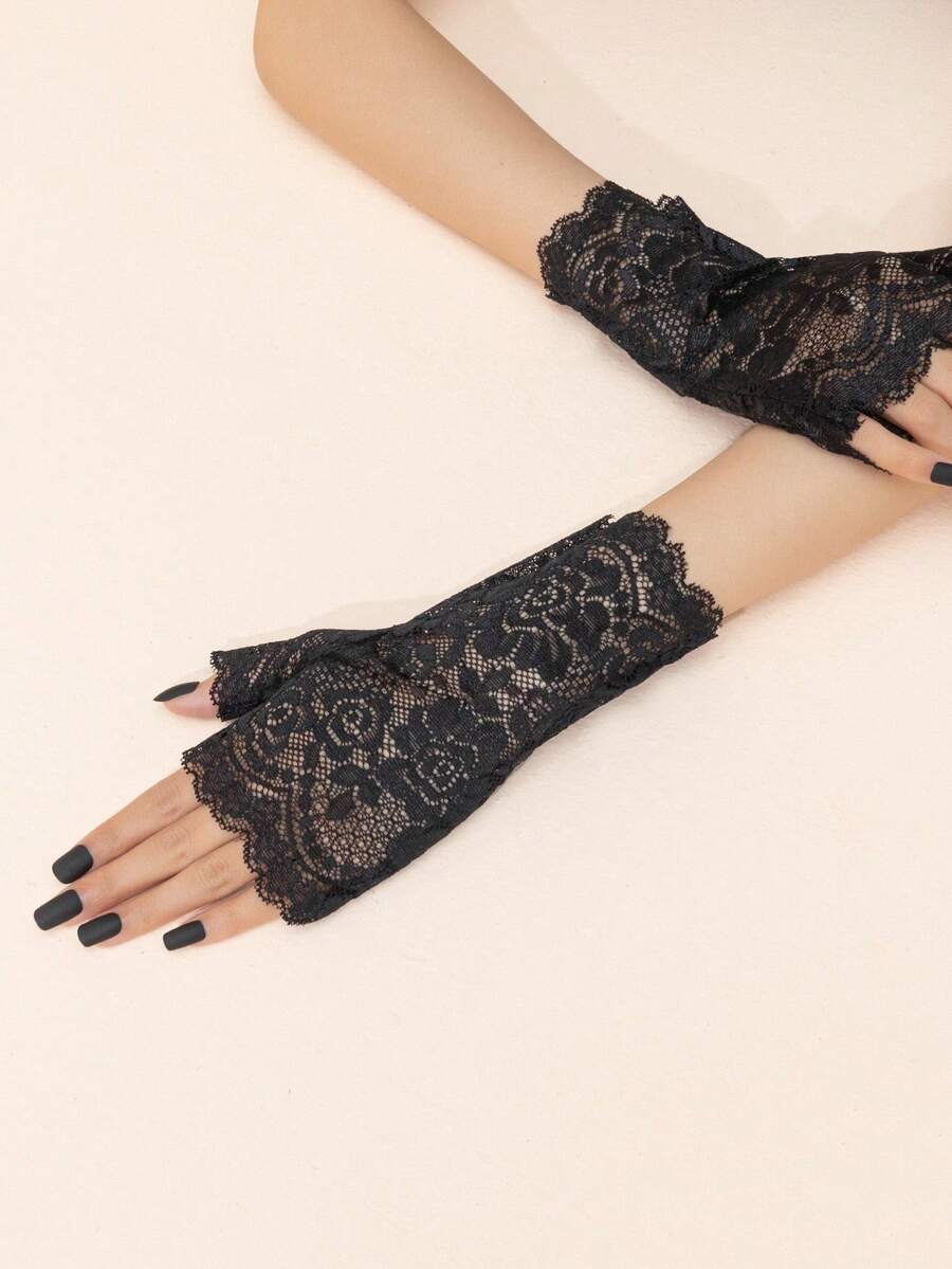 1 Pair New Wavy Edge Rose Lace Fingerless Gloves, Dark Style Photography & Party Decorative Gloves - Black - View 1