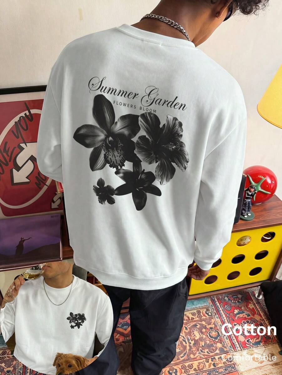 Autumn Men's Floral Print & Text Slogan Long Sleeve Lightweight T-Shirt T-Shirt, Crew Neck Design, Back Graphic, Y2K Style - White - View 1