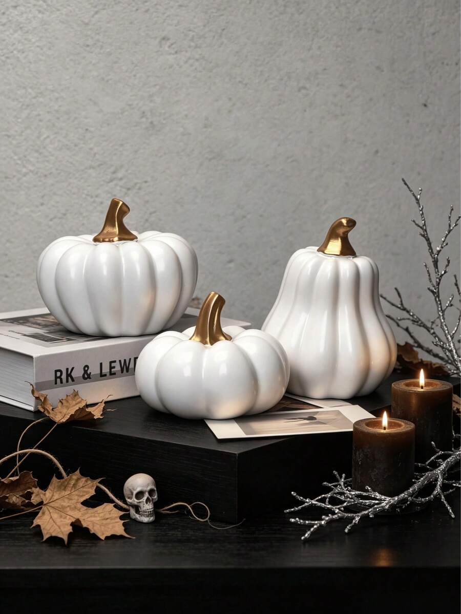 Matte Gold Stem Pumpkin Decor, Neutral White And Orange Mini Pumpkin Tabletop Decoration, Modern Country Style Design - A - View 1