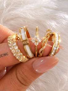 ZCNC Znice 304 Stainless Steel + Copper 18K Gold Plated Stackable Ring Set, Women's Style, 5pcs Clover, Full Rhinestone And Enamel Heart Sparkling Rings, Hypoallergenic Minimalist Jewelry, Perfect Mother's Day Gift, Summer Vacation Accessory - Gold 12 - View 13