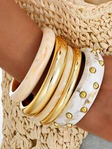 (Color Difference May Occur) 5/3/1pcs Simple Fashion Exaggerated Wide Rivet Round Geometric Asymmetrical Bracelet Set For Women, Sisters, Vacation, Date, Gift, Daily Casual, Party, Wedding - Multicolor - View 4