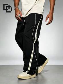 Men's Spring/Autumn Striped Drawstring Waist Pocket Casual Straight Leg Long Pants - Black - View 1
