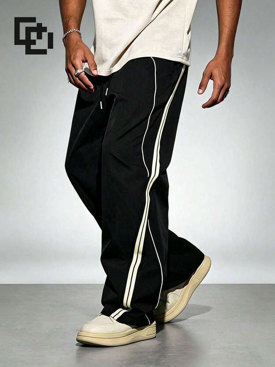 Men's Spring/Autumn Striped Drawstring Waist Pocket Casual Straight Leg Long Pants - Black - View 1