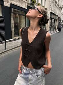 Women's Dark Brown V-Neck Knit Vest, Asymmetric Wrap Bow Button Sleeveless Sweater Waistcoat, Casual Layering Top For Fall Winter - Brown - View 5