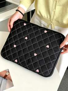 1pc Polyester Diamond Grid Heart Embroidery Laptop/Tablet Storage Bag, Suitable For 11/13/15 Inch Laptop/Tablet Storage, Design, Embroidered Heart Accents - Multicolor - View 7