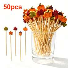 50/100pcs Autumn Thanksgiving Cocktail Picks, Pumpkin Maple Leaf Acorn Appetizer Toothpicks, Autumn Theme Disposable Fruit Food Picks, Suitable For Holiday Party Table Dessert Decoration - Orange - View 6