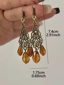1 Pair Vintage Elegant Long Hollow Geometric Tassel Earrings Suitable For Women's Party And Daily Wear - Bronze - View 4