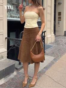 YIU Women's Brown Suede A-Line Skirt, Knee Length Slightly Elastic Casual Elegant Autumn Commute Date Daily Wear - Brown - View 7