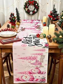 1pc Christmas Themed Table Runner, Pink Christmas Snowman & Poinsettia Theme, Merry Christmas, 35x180cm, Polyester Table Runner, Suitable For Christmas Holiday Table Center Decoration, Christmas Holiday Party Gathering Table Decor Tablecloth - Multicolor - View 1