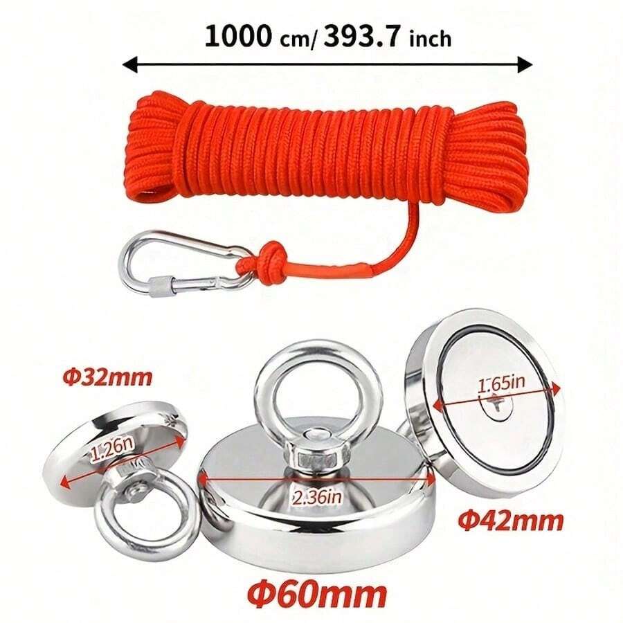 4PCS-32mm + 42mm + 60mm + 1000cm (32.8ft) Dedicated Rope Kit - With Fixing Buckle - Strong Magnetic Hook, Fishing Magnet, Round Neodymium Magnet, Large Magnetic Label Remover (With Eye Bolt), Heavy Duty Rare Earth Magnet, For Retrieving Items From Lakes, Rivers, Beaches And Lawns, Recovery Equipment - A - View 1