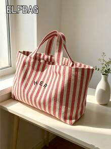 Casual Minimalist Letter Canvas Tote Bag, Striped Solid Color Handbag, High Cost-Effective Fashion Versatile Tote Bag Suitable For Moms, Students, Office Workers - Red - View 8