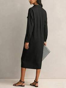 Women's Solid Color Lapel Long Sleeve Casual Midi Shirt Dress With Pockets, Autumn Fashion Elegant - Black - View 3