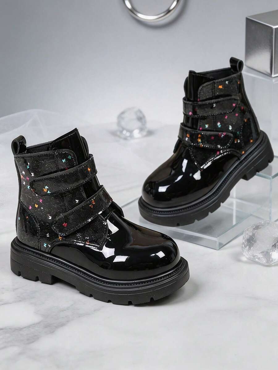 1 Pair Shiny Black Star Kids Riding Boots, Soft PU + Double Hook & Loop ...