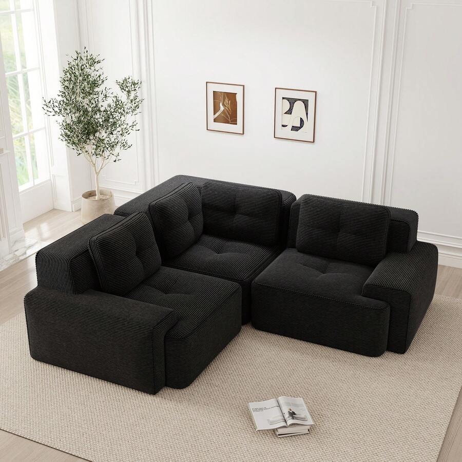 Modular Black 3 Seat Sofa - Modular Corduroy Sofa, No Assembly Required For Living Room - 黑色 3 座 - 查看 1