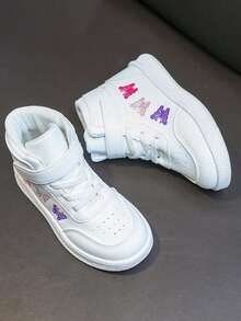High-Top White Sneakers Cute Embroidery Hook And Loop Strap Soft Sole Anti-Slip Kids Casual Sports Shoes - White - View 7