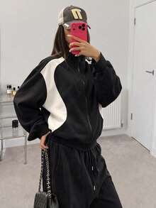 Women's Color Block Zip Up Sweatshirt Jacket, Black & White Contrast Track Jacket, Casual Winter Clothes For Women - Black - View 3