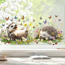 2D Flat Sticker, Hedgehog Paradise Butterfly Flower Pattern Decorative Window Decal, Easy To Remove, Convenient Installation, Suitable For Living Room Window Double-Sided Printing Use Scenario - Multicolor - View 6