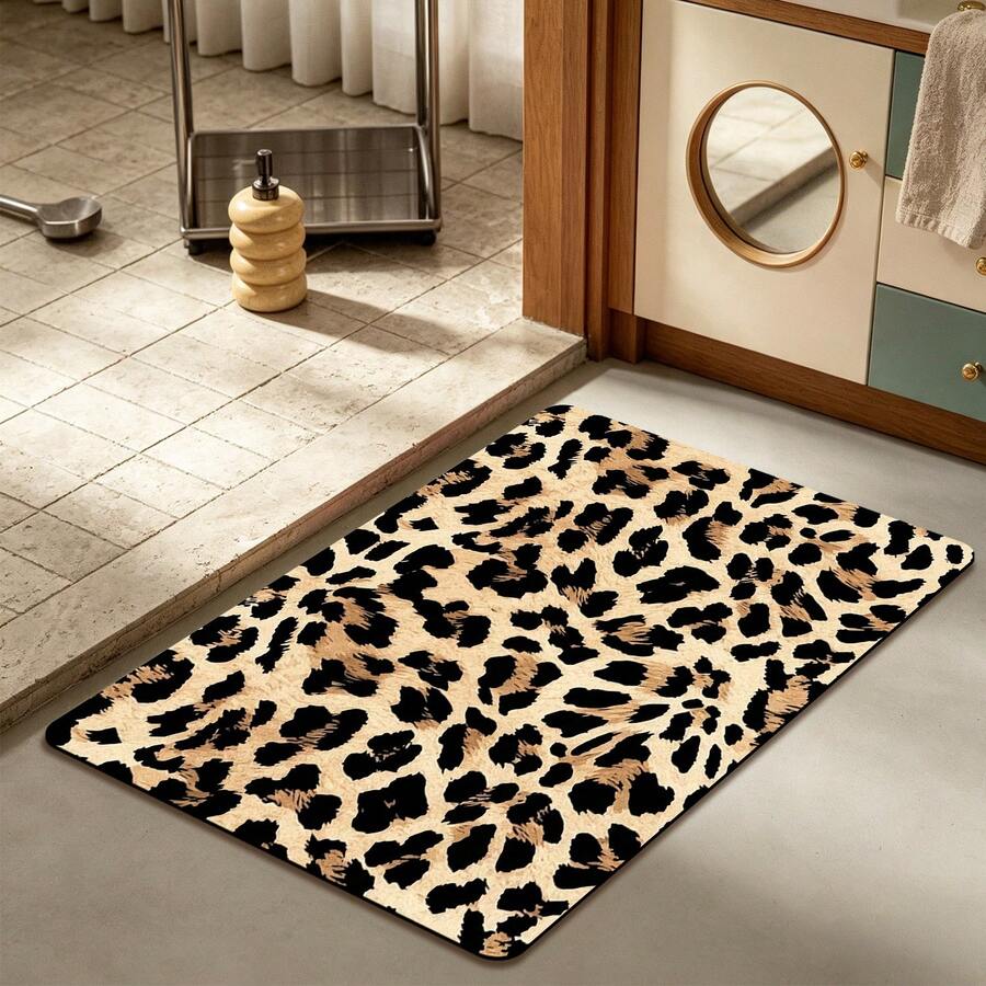 1pc Bathroom Rug, Black Spotted Leopard Print Pattern Mat, Shower Door Decor Carpet, Animal Pattern Rug, Easy-To-Care Home Decor Carpet, Enhances Home Experience. Soft Texture, Comfortable Foot Feel, Can Be Placed In Bathroom, Next To Sink, Entryway And Other Areas - Multicolor - View 1