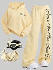 Lurzo Teen Girls Y2K Lazy Loose Sweatshirt Set, Cream Apricot Sweatshirt Paired With Side Print Wide Leg Pants, Suitable For Daily Shopping And Street Wear - Apricot - View 4