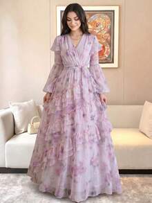 Women's Elegant Modern Romantic Floral Long Sleeve Ruffle Patchwork Design Slimming Flared Dress Vacation - Mauve Purple - View 4
