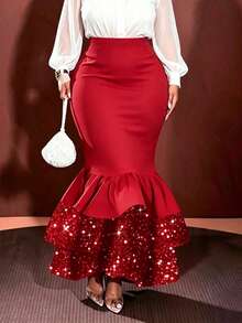 Rok Maxi Duyung Hitam Ukuran Besar, Rok Panjang Elegan dengan Payet dan Hem Berumbai, Kain Rajut Merah Musim Semi - Merah - View 1