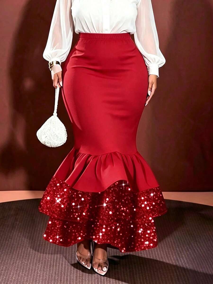 Rok Maxi Duyung Hitam Ukuran Besar, Rok Panjang Elegan dengan Payet dan Hem Berumbai, Kain Rajut Merah Musim Semi - Merah - View 1