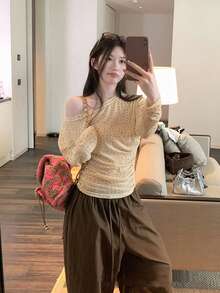 Asymmetrical Shoulder Ruched Waist Ditsy Floral Long Sleeve T-Shirt Casual - Beige - View 4