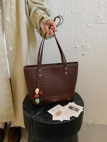 Woven Texture Versatile Shoulder Bag Women's 2026 Artistic Tote Bag Fashion Commute Handbag With Pendant - Coffee - View 11