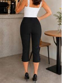 Pantalón Capri Mujer con Botones Decorativos. Pantalón Casual y Elegante de Tiro Alto, Botones y Cremallera.  Moda Primavera Verano - Negro - Ver 3